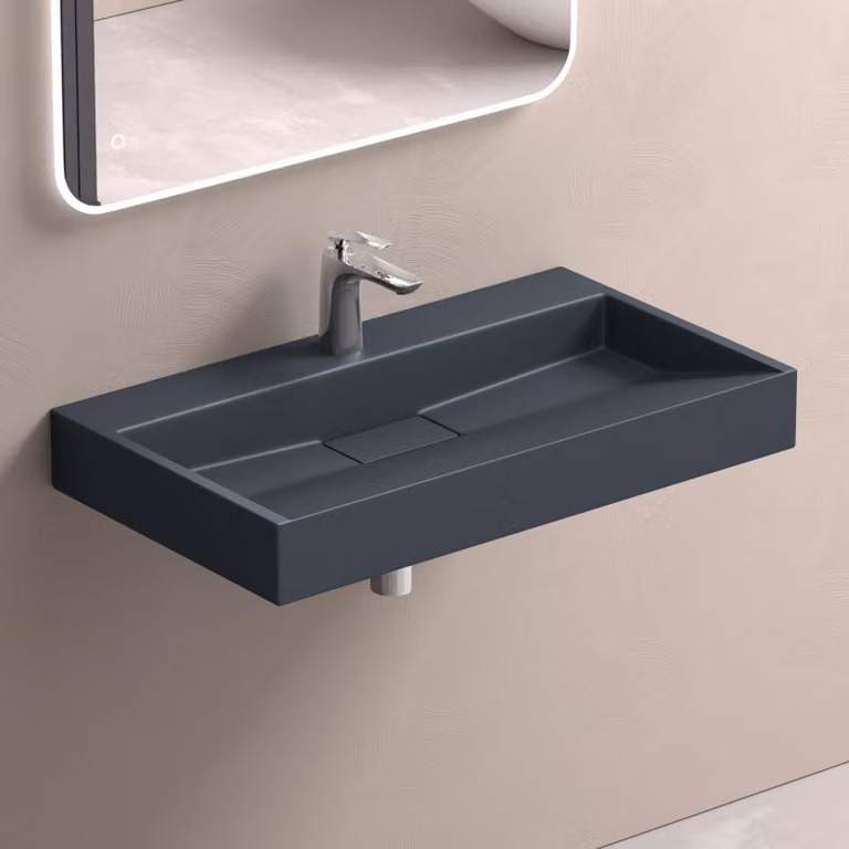doporro Lavabo da Appoggio Bagno Sospeso Lavandino Rettangolare in Marmoresina con Piletta di Scarico Inclusa Colossum19, 80x46x11 cm Antracite Opaco Monoforo