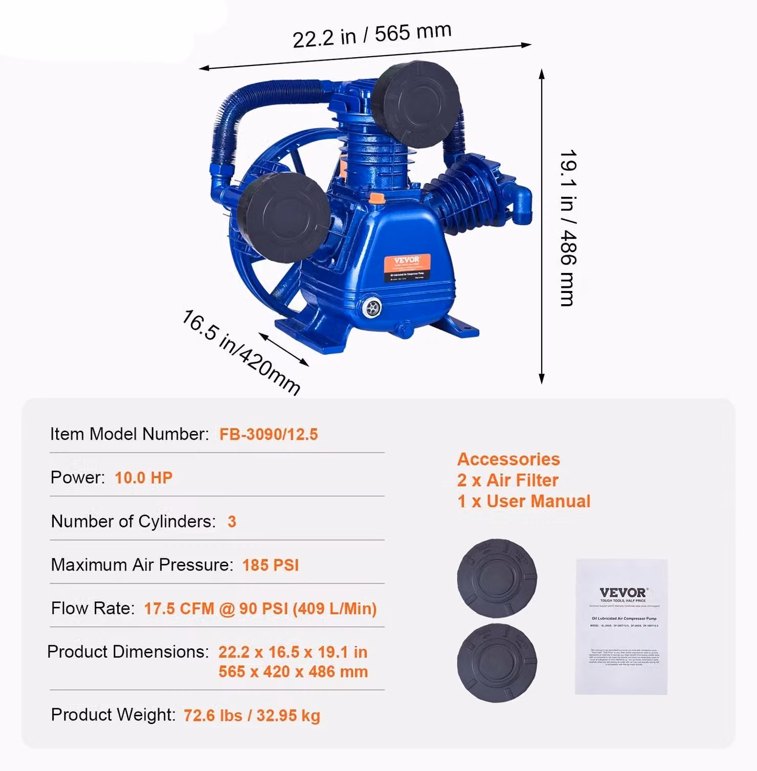Compressore Pompkop - Testata del compressore - Pompa a 3 cilindri - Motore da 10 cavalli - Pressione di esercizio: 185 PSI