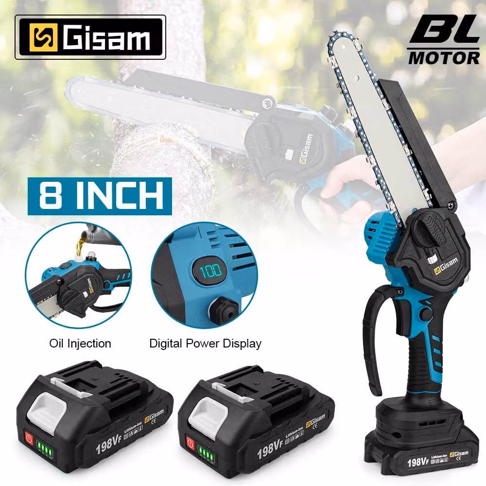 Mini motosega - Sega da giardino a batteria - Lama da 20 cm - Motore brushless - 2 batterie - Sistema da 18 V - Impugnatura antiscivolo - Blu