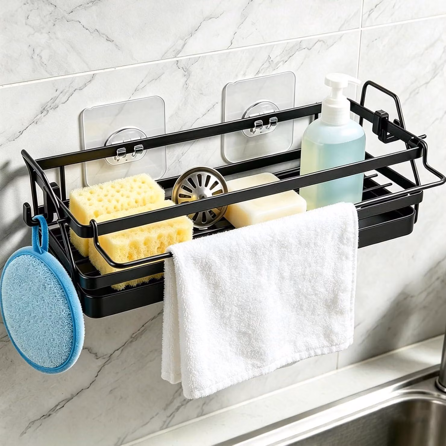Organizzatore per lavello Acciaio al carbonio, dimensioni 25x10x9 cm, con scolapiatti e 2 spugne, ideale per la cucina