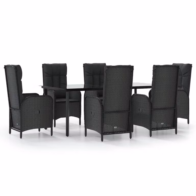 Set da Pranzo da Giardino 7 pz Nero con Cuscini in Polyrattan