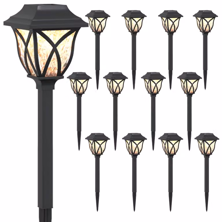 Luci solari da esterno con picchetto a terra, 12 pezzi, luce bianca calda, 42 cm, materiale: PP