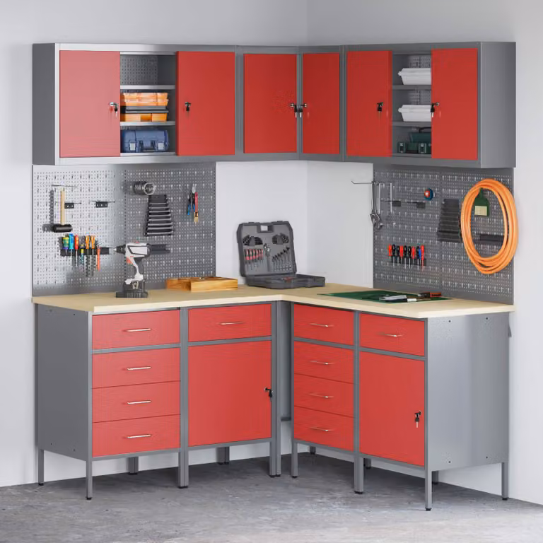 vidaXL Set di mobili da lavoro con cassetto 12 pz Rosso e Grigio