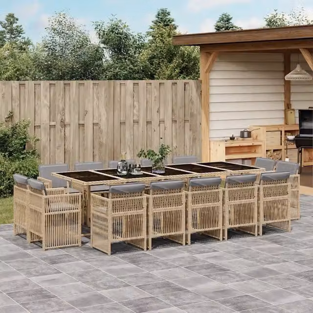 Set Pranzo da Giardino vidaXL in Polyrattan con Cuscini Beige e Piano in Vetro, 15 Pezzi – 1