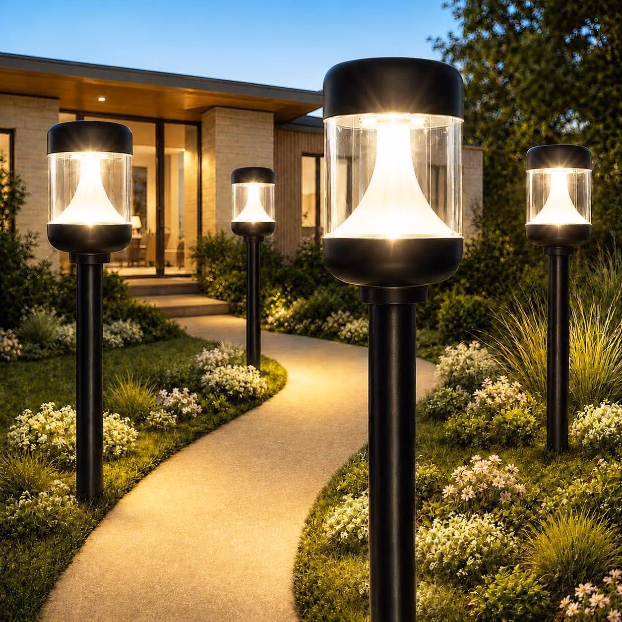 Set di 4 luci solari, luce bianca calda da 3000 K, grado di protezione IP65, ideali per giardino e terrazza