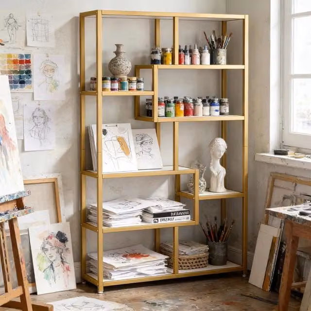 Libreria moderna REDOM con 8 ripiani in metallo e legno, design geometrico, colore oro e bianco effetto marmo, H 180 x L 100 x P 20 cm – 1