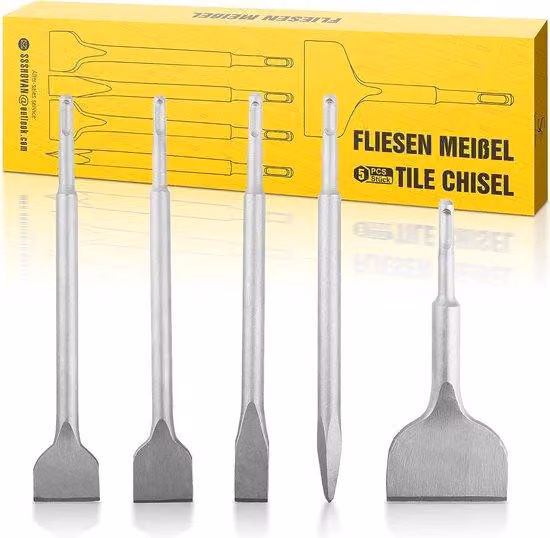 Set di 5 scalpelli SDS-Plus Unyqoos® SS SHOVAN, in acciaio al cromo temprato: punta, piatto, largo, stretto e scalpello per piastrelle, per martelli perforatori/scalpellatori, adatti per cemento, muratura e rimozione di piastrelle