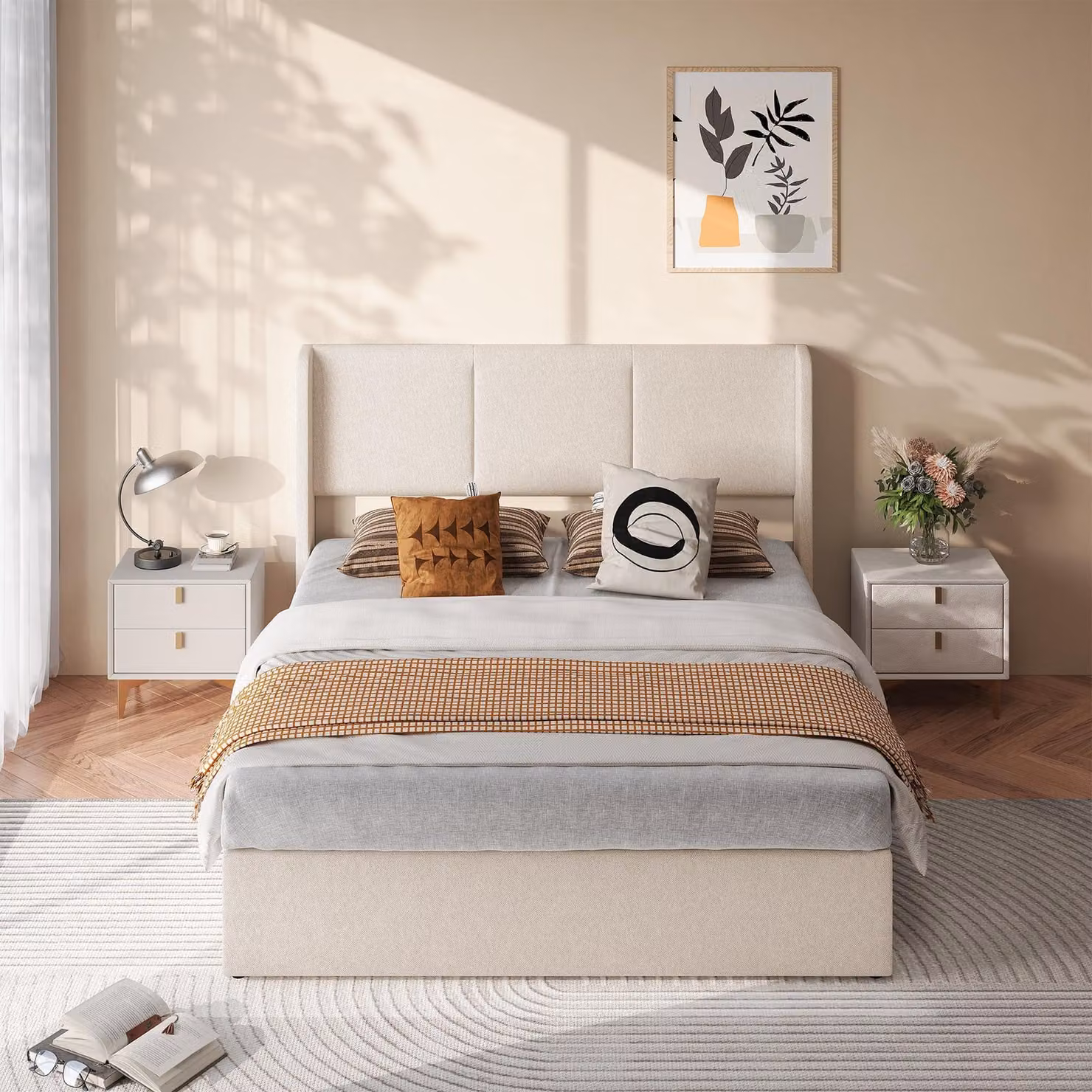 INONEFT Letto imbottito con box, 140x190 cm, letto con sistema di sollevamento idraulico e spazio contenitore, rete a doghe, letto matrimoniale, letto per ragazzi, struttura letto, tessuto in lino, color beige