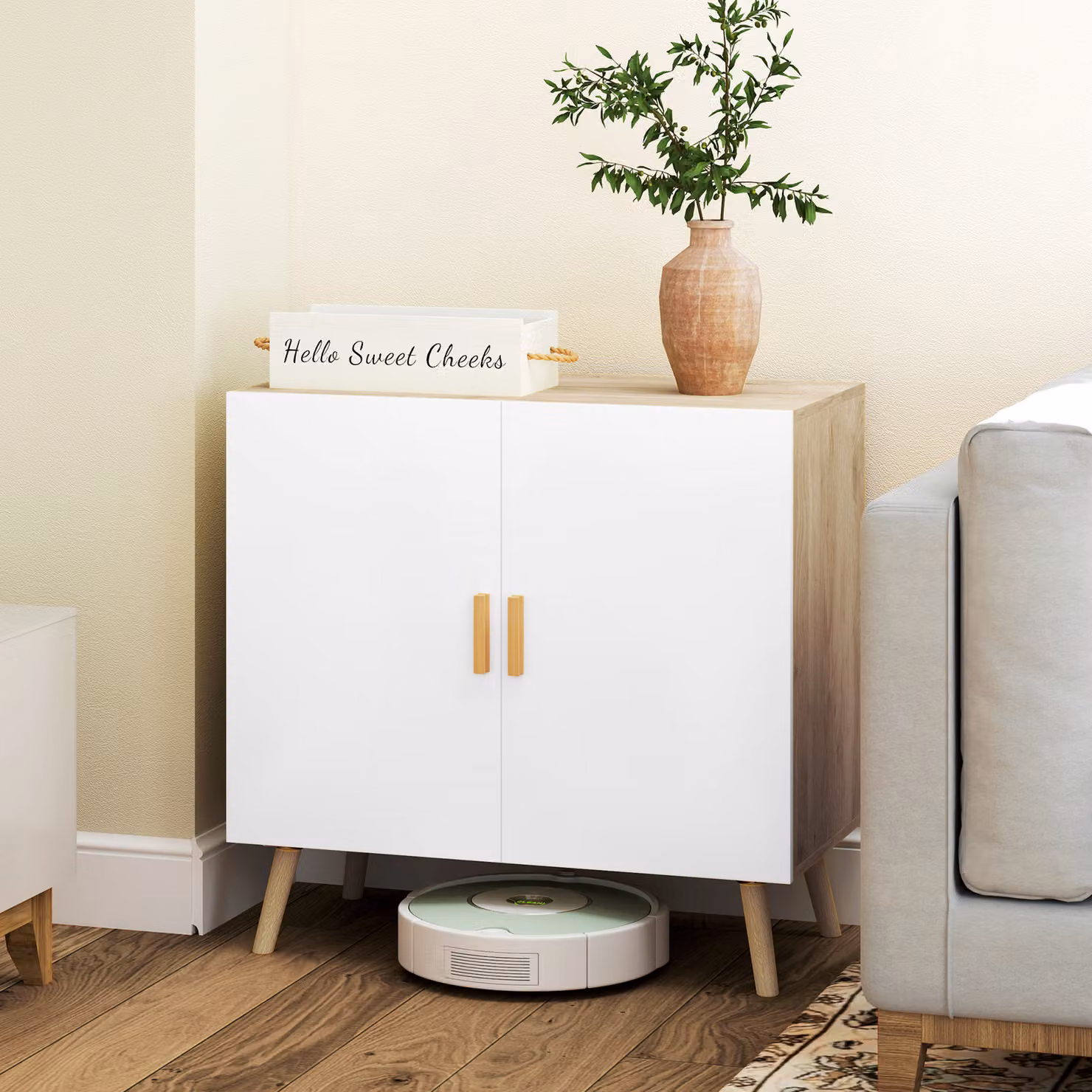 Mobile Multiuso HOMCOM con 3 Ripiani Regolabili e Base Rialzata in Legno, Bianco e Rovere, L: 76 cm, P: 41.2 cm, H: 74 cm – 2