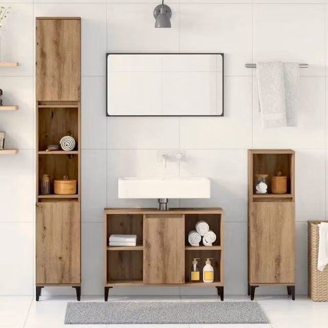 Set di mobili da bagno moderno vidaXL in legno e metallo color rovere marrone con mobile lavabo a parete e ante a battente