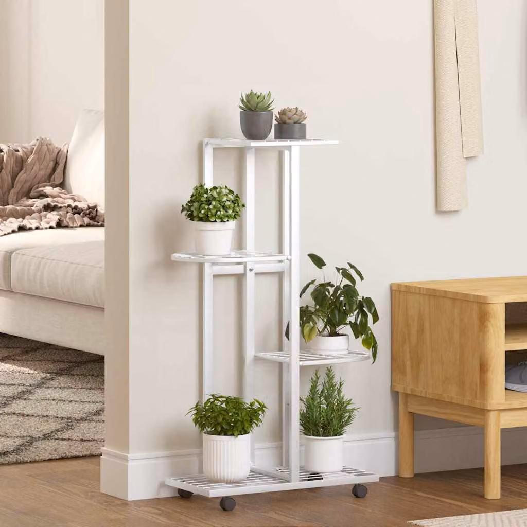 vidaXL Fioriera a 4 Piani con Ruote in Metallo Bianco L: 44 cm, P: 23 cm, H: 80 cm