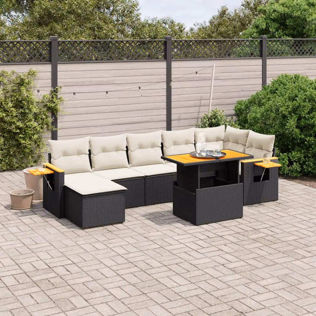 vidaXL Set Divani da Giardino a L in Polyrattan con Cuscini e Tavolino da Caffè, 8 Pezzi, Nero e Bianco – 1