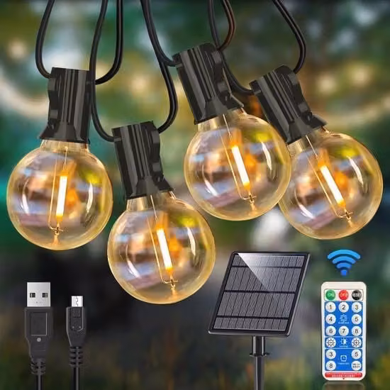 Cavo di Illuminazione Esterno con 25 LED G40 a Luce Calda, Impermeabile IP65, Dimmerabile con Telecomando e Ricarica USB, Lunghezza: 50 m