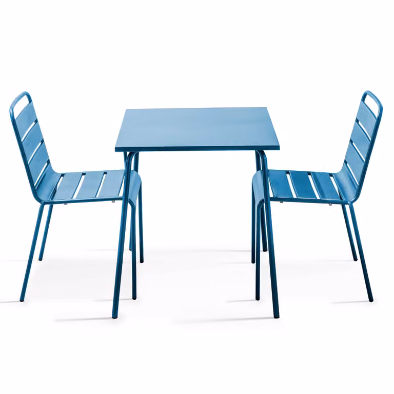 Tavolo da giardino quadrato e 2 sedie in acciaio blu pacifico - Oviala Palavas