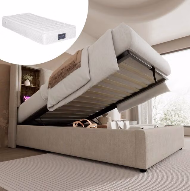 Letto singolo contenitore 90x200 cm in lino naturale con ricarica wireless; USB e Type-C