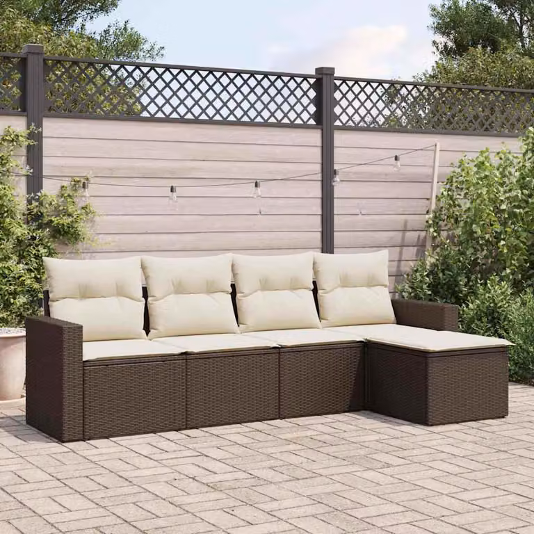 vidaXL Set Divano da Giardino 5 pz a L in Polyrattan Marrone e Bianco con Cuscini e Ottoman