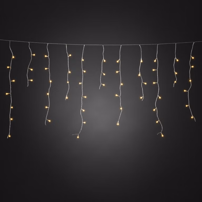 Konstsmide - Tenda luminosa a LED per la pioggia di ghiaccio, con globi bianchi, 200 diodi color ambra, trasformatore per esterni da 24 V, cavo trasparente - 3672-803