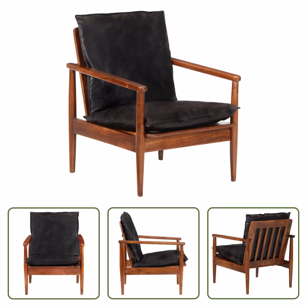 The Living Store Poltrona nera in vera pelle e legno massiccio di acacia