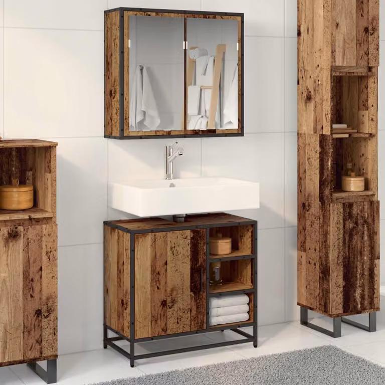Set di mobili per il bagno vidaXL composto da mobile sottolavabo e armadietto con specchio in legno e metallo marrone, L 65 cm x P 33 cm x H 60 cm