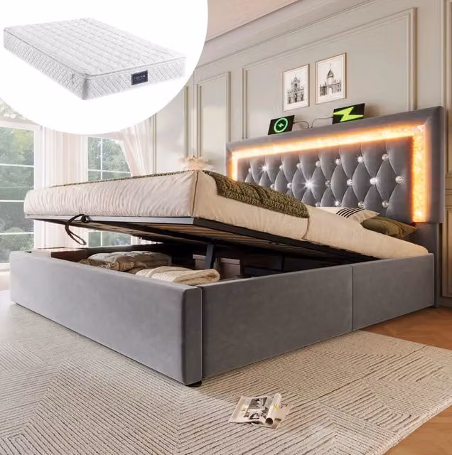 Letto 160x200 cm in velluto con LED, USB e contenitore, completo di materasso grigio