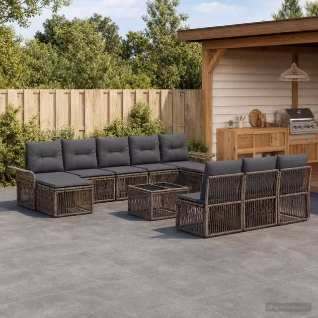 Set Divano da Giardino vidaXL a forma a U in Polyrattan Grigio con 11 Pezzi e Cuscini Rimovibili