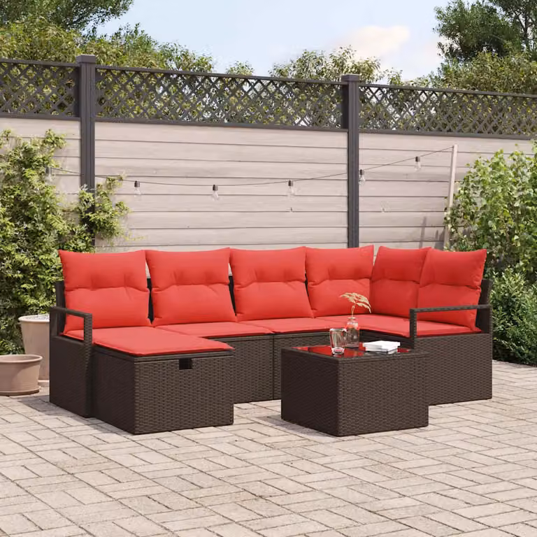 Set Divano da Giardino vidaXL 6 pz in Polyrattan con Tavolino e Cuscini, Design Moderno a L con Struttura in Acciaio e Colore Marrone e Rosso