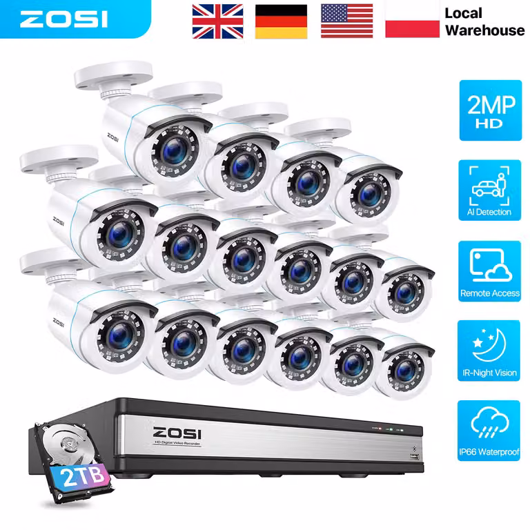 Sistema di videosorveglianza a 16 canali con DVR, risoluzione 2MP, disco rigido da 4TB, cablato, adatto per interni ed esterni