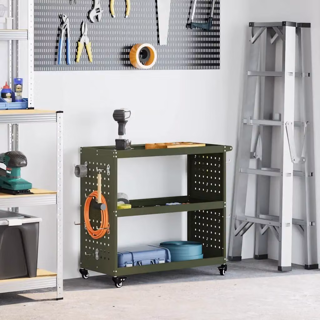 vidaXL Carrello per Attrezzi con Ruote in Acciaio Verde Oliva L: 75 cm, P: 35 cm, H: 73 cm