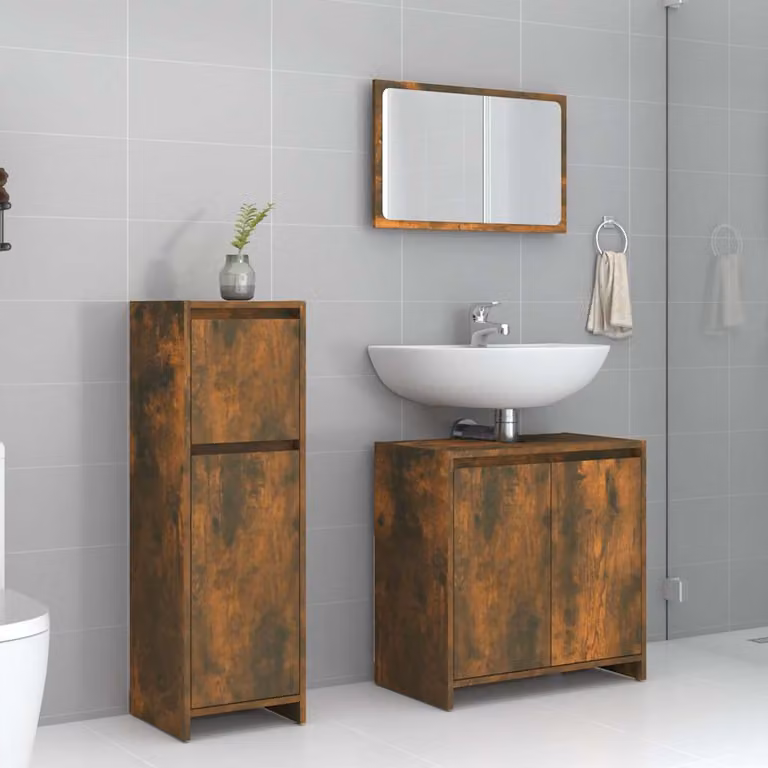Set di mobili da bagno moderno vidaXL in legno Rovere Fumo composto da 3 pezzi con armadietto a specchio, pensile e mobile lavabo L/P/H: 60 x 33 x 60 cm