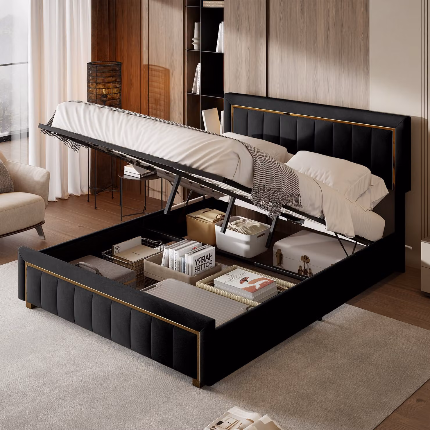 CDGlobal letto imbottito 140x200cm, letto a molle insacchettate letto matrimoniale con contenitore e rete a doghe, letto contenitore idraulico letto per ragazzi letto funzionale, biancheria, nero