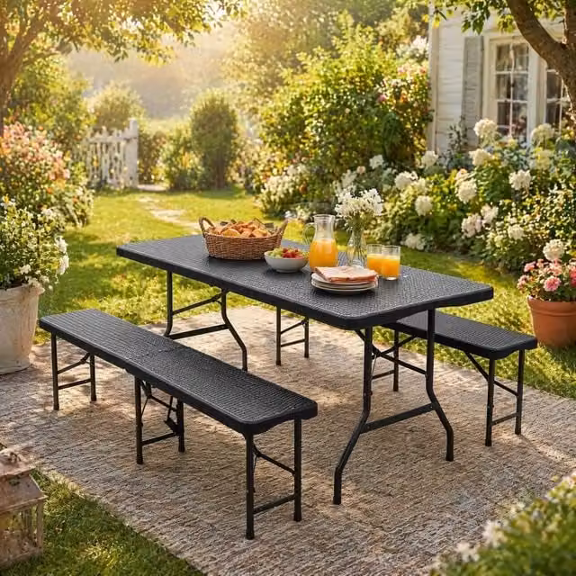 TAVOLO PICNIC Pieghevole 6 ft con 2 Panche, Set 3 pezzi, HDPE Nero