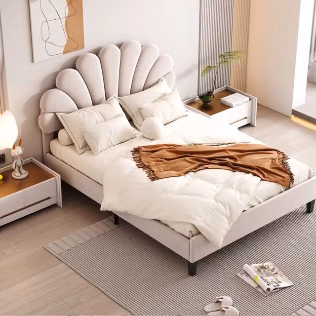 Letto matrimoniale moderno imbottito in tessuto beige con decorazione floreale L/P/H: 140 x 200 x 110.5 cm