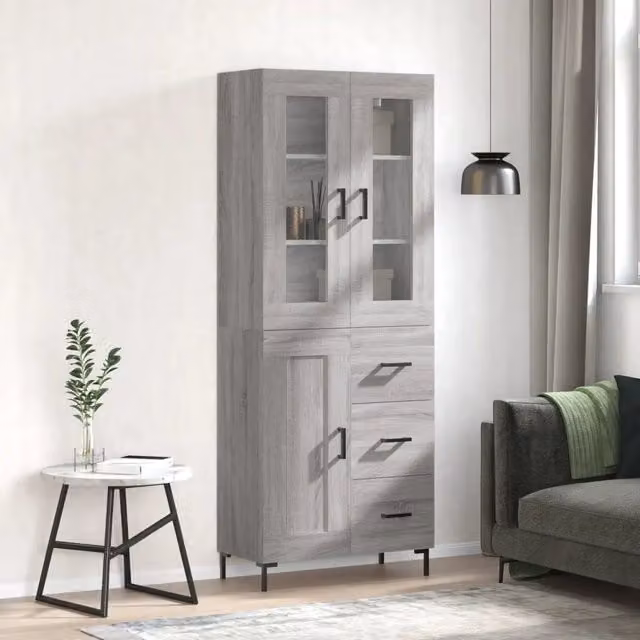 Credenza moderna vidaXL in legno, metallo e vetro, colore grigio, L: 69,5 cm, P: 34 cm, H: 180 cm – 1