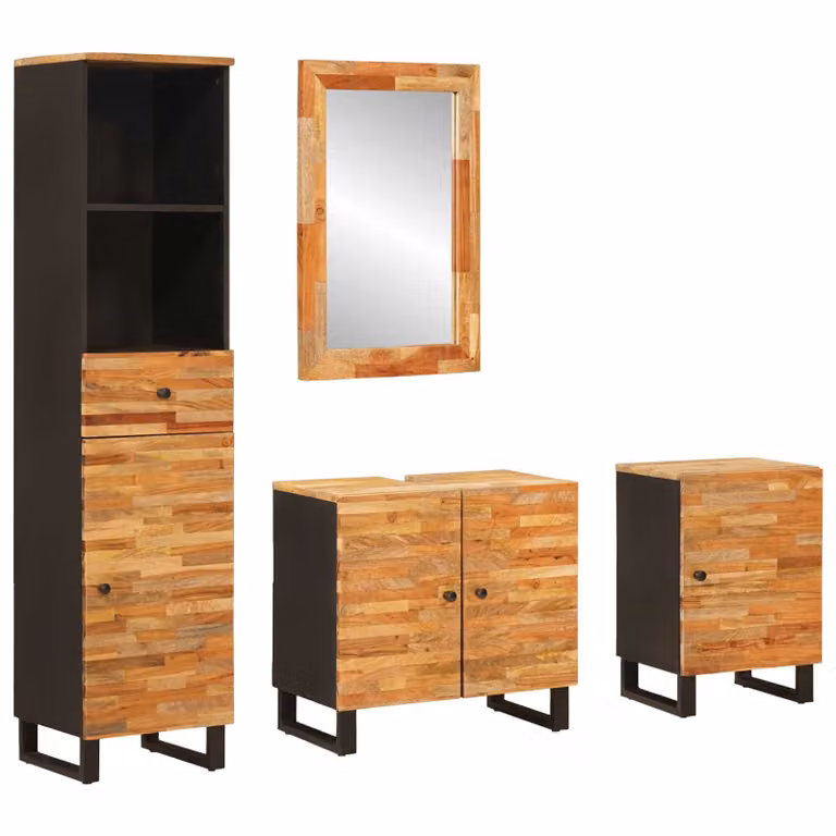 vidaXL Set da Bagno in Legno di Mango Naturale con Armadietto e Cassetti, H 160 x L 38 x P 33 cm
