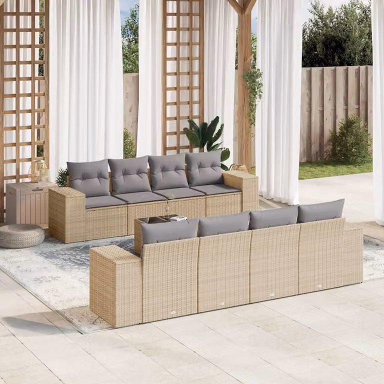 vidaXL Set Divano da Giardino 9 pz Moderno con Cuscini Beige e Tavolino in Metallo e Polyrattan