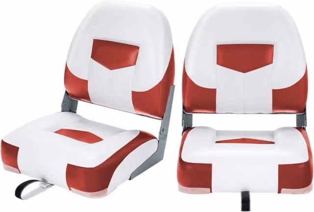 Set di 2 sedie pieghevoli Design Mania per barca e yacht con schienale basso, sedili ergonomici in similpelle con cuscini inclusi, colore bianco e rosso