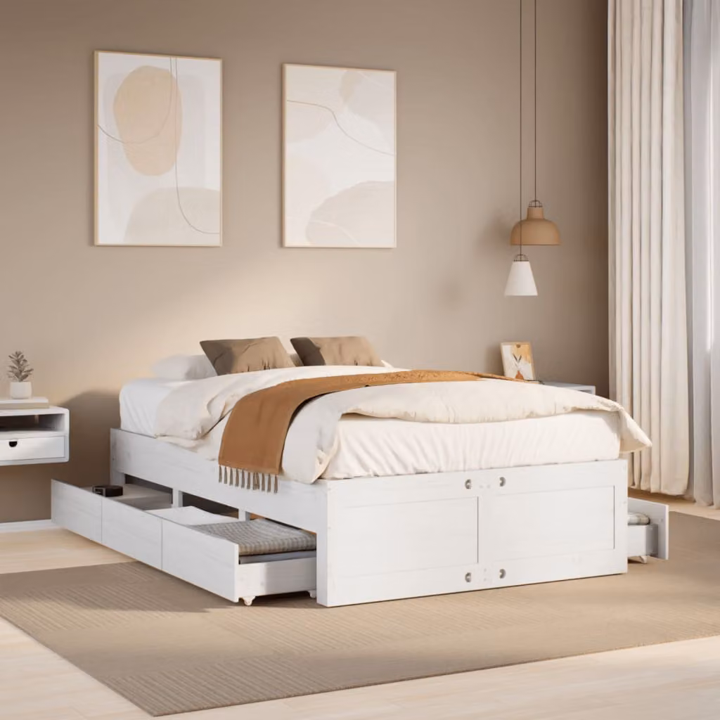 vidaXL Giroletto in legno di pino con cassetti Bianco L: 138,5 cm, P: 193,5 cm, H: 41 cm
