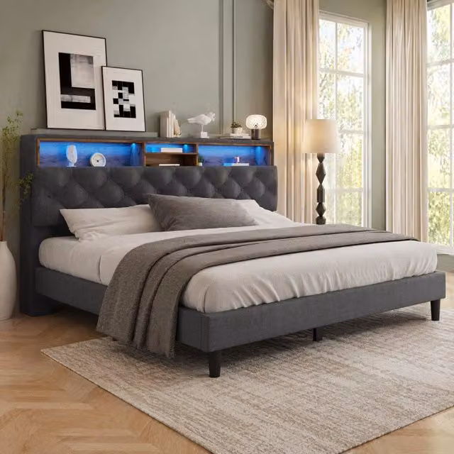Letto imbottito Mivray grigio con testiera contenitore, illuminazione LED e ripiani laterali, L/P/H: 140 x 200 x 107 cm