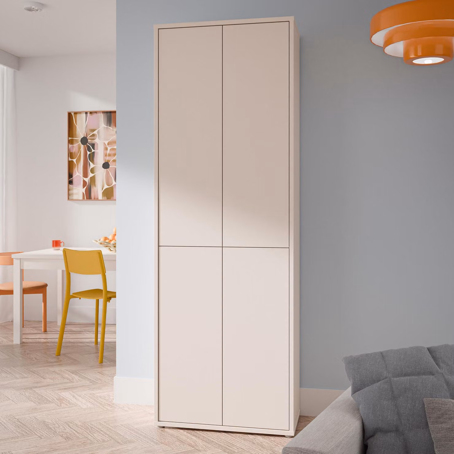 Mobile alto ALICE SPRINGS, stile moderno e minimalista, 4 ante, ideale per soggiorno o sala da pranzo, realizzato in legno laminato, colore beige "cashmere", dimensioni: 74,5 cm di larghezza x 214,3 cm di altezza x 34,9 cm di profondità