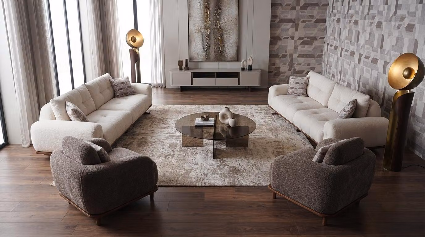 Modernes Weißes Sofa Set 2x 3-Sitzer mit 2 Sesseln Stoffbezug Holz