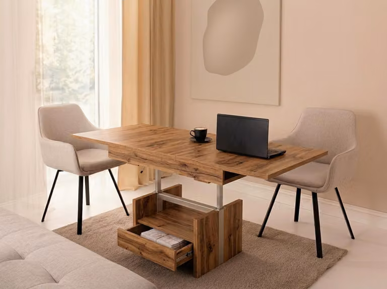 Tavolino di design WM-1, regolabile in altezza, allungabile, con cassetto