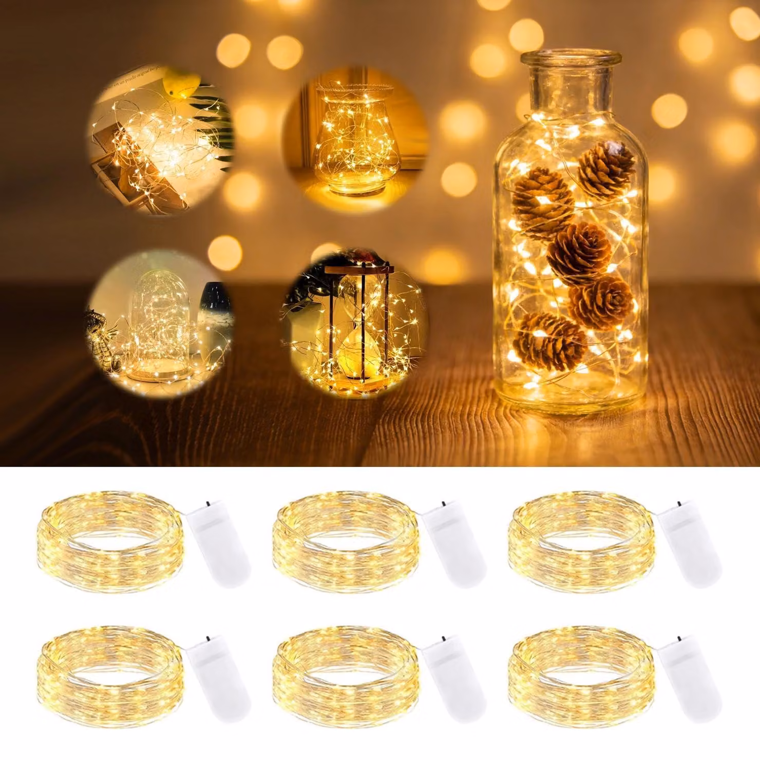 Catena luminosa a micro-LED, 2 metri, 6 LED bianco caldo, alimentata a batteria