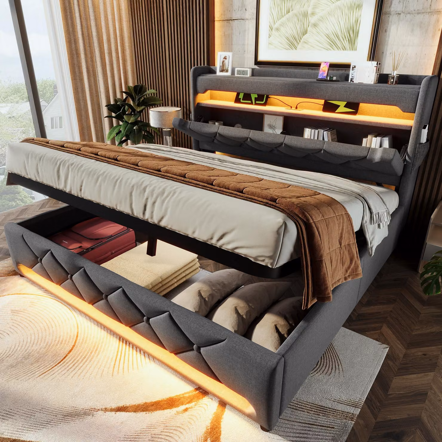 Letto imbottito matrimoniale 180 x 200, testata contenitore con porta USB e tipo C, letti LED con contenitore idraulico, grigio, senza materasso