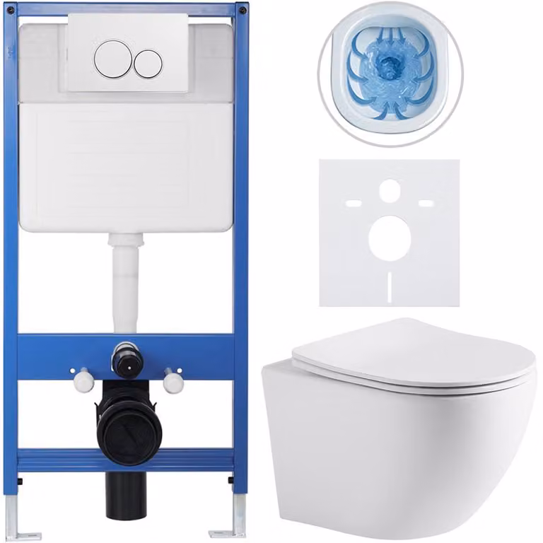Set completo per WC sospeso Lite/Cesso - bianco opaco - pulsante per WC a due funzioni, bianco - installazione a parete - 49x36 cm