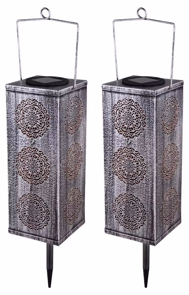 2 lampade solari a LED, colore argento, con decoro floreale, altezza 26 cm