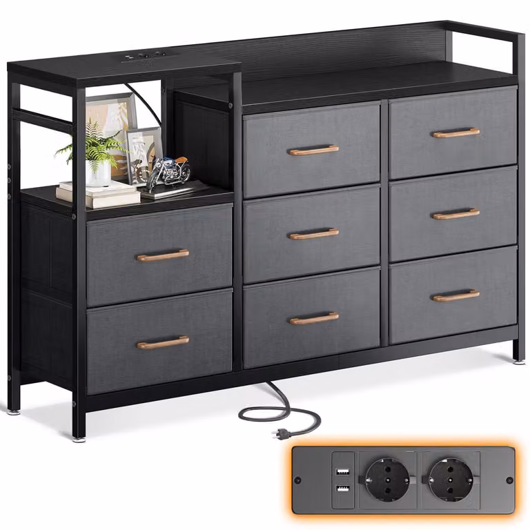 Comodino con 8 cassetti rivestiti in tessuto, 2 porte USB e 2 prese di corrente, dimensioni 132x30x88 cm, colore grigio scuro