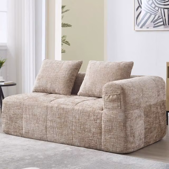 Divano chaise longue a 2 posti imbottito con tasche laterali e cuscino incluso in ciniglia kaki 158 × 90 × 60 cm