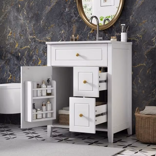 Mobile sottolavabo a pavimento con lavabo in ceramica e cassetti con chiusura ammortizzata per bagno bianco 61 × 47 × 87 cm