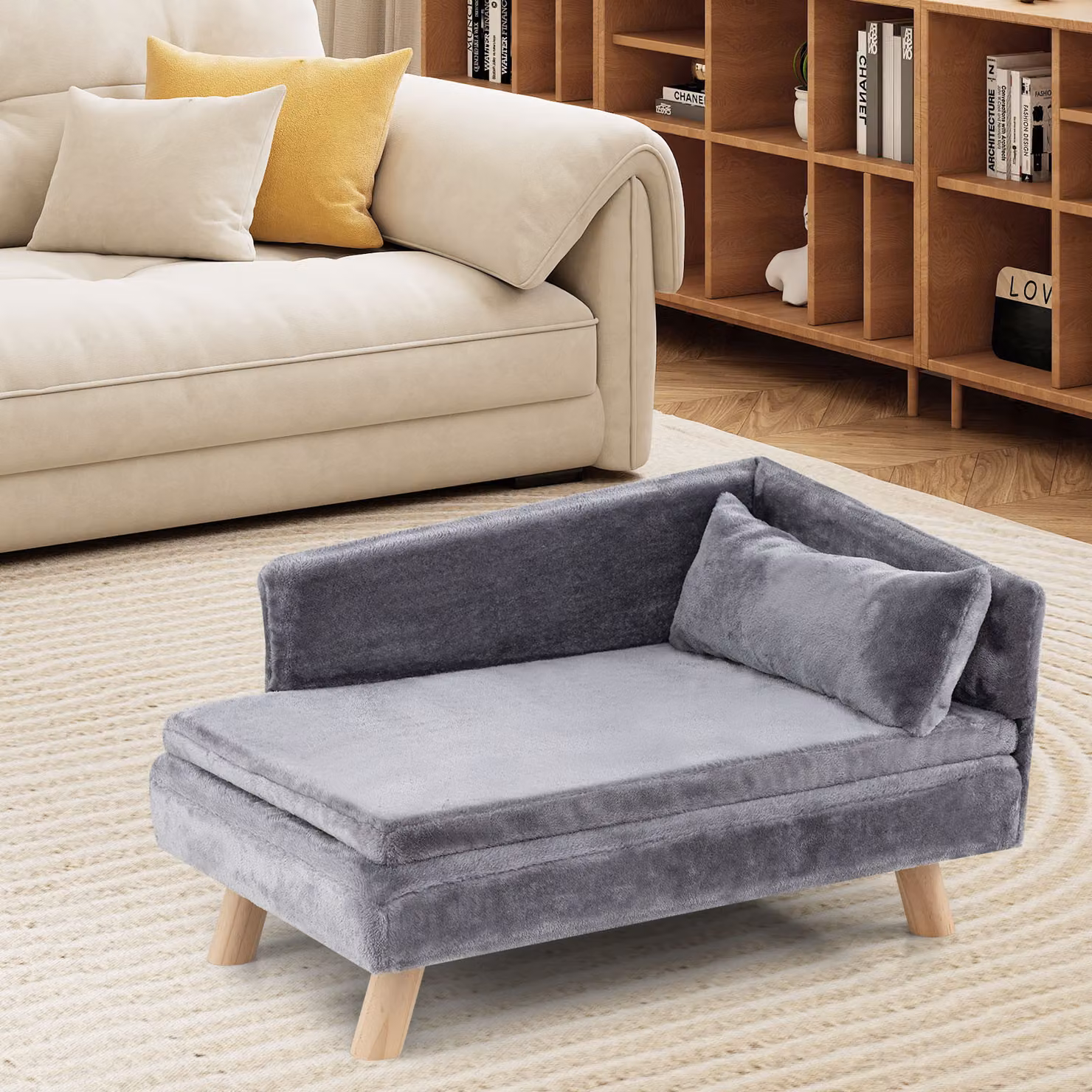 Divano letto per cani Costway in velluto grigio con cuscino imbottito rimovibile e gambe in legno