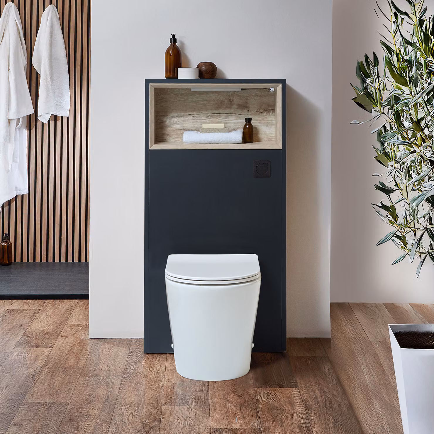 Mobile per WC da 600mm Completo di Sanitario a Filo Muro Colby con Pulsante di Scarico Nero - Nero Grigio - Con LED - Hoxton